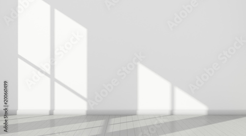 3D stimulate of white room interior and wood plank floor with sun light cast the window shadow on the wall,Perspective of minimal design architecture 