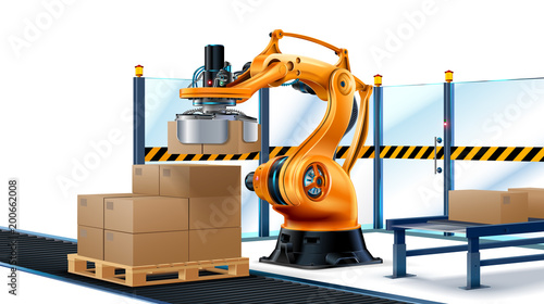 Robot Palletizing systems, Robotic arm loading cartons on pallet. Boxes on conveyor of manufacture. Automate processes production on factory, Logistics technology industry.