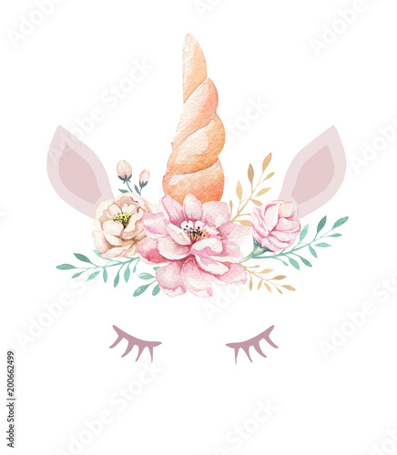 Fotografie, Obraz Isolated cute watercolor unicorn clipart with flowers