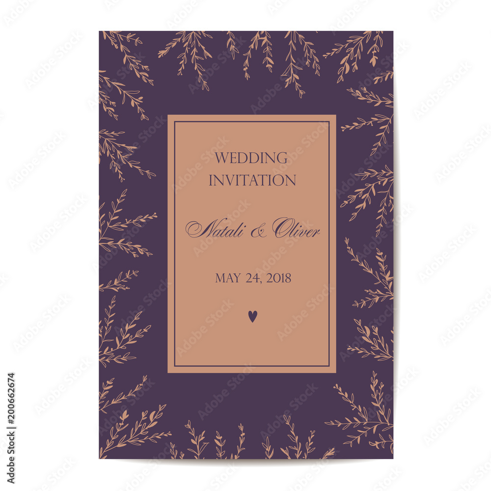 Wedding invitation lilac with twigs and leaves vector. Template for your holiday. Wedding invitation lilac with twigs and leaves vector. Template for your holiday.