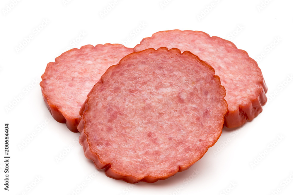 Slices of salami. Isolated on a white background. Slices of salami. Isolated on a white background.