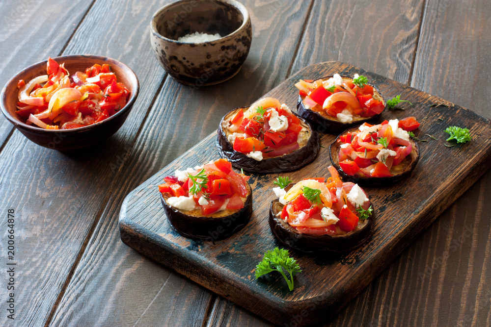 Eggplants, tomatoes , sweet peppers and ricotta snack Eggplants, tomatoes , sweet peppers and ricotta snack