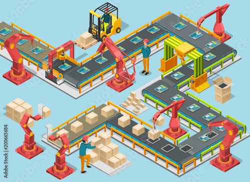 Automatic factory with conveyor line and robotic arms. Assembly process. Vector illustration