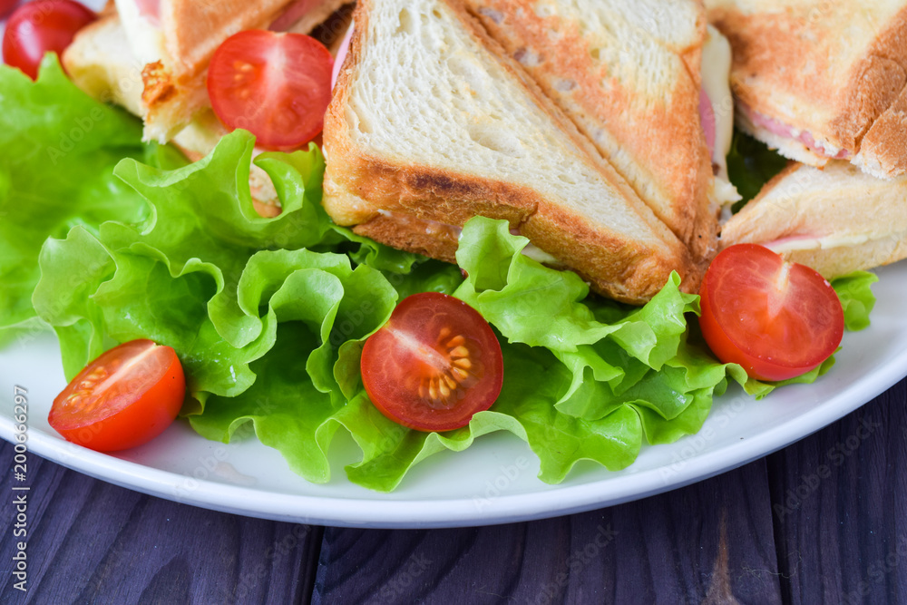 hot sandwiches with cheese and ham with lettuce and cherry tomatoes hot sandwiches with cheese and ham with lettuce and cherry tomatoes