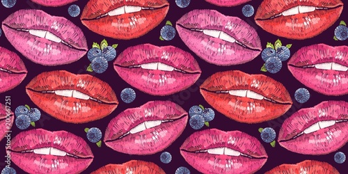 Sweet kiss fashion art. Sexy wet lip make-up pattern. Fashion template for clothes, textiles, t-shirt design. Embroidery lips and bilberry. Cosmetics and makeup seamless pattern