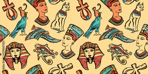 Ancient Egypt art pattern. Classic flash tattoo style Egypt, patches and stickers. Ancient Egypt vintage seamless pattern, old school tattoo. Pharaoh, ankh, eye Ra, Nefertiti, cat