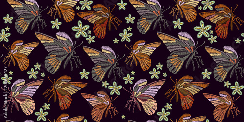 Beautiful vintage butterflies classical embroidery seamless background template for clothes, textiles, t-shirt design. Butterflies and flowers embroidery seamless pattern