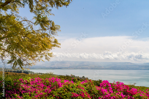 Top view of the sea of Galilee the kinneret lake from the Mount of Beatitudes, Israel