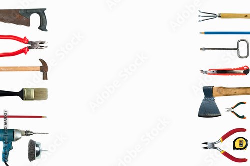 Many Tools isolated on white background. Top view.