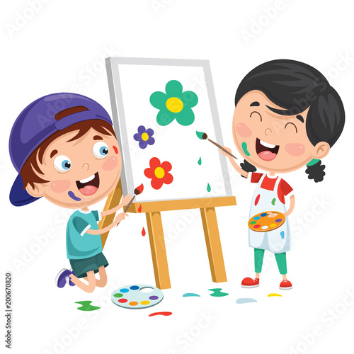 Vector Illustrations Of Kids Painting On Canvas