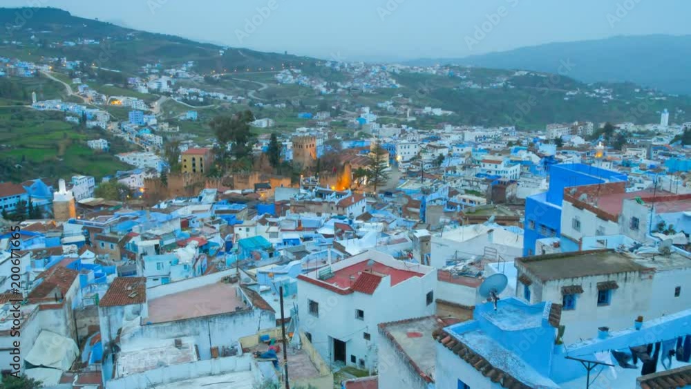 Chefchaouen sunrise zoom out timelapse. Chefchaouen is known as blue pearl of Morocco