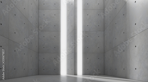 Abstract of architecture space with rhythm of concrete block with sun light cast shadow on the cement floor,3D render.