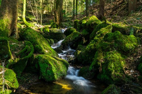 Bachlauf und Wasserfall mit Steinen und Moos im Bayerischen Wald