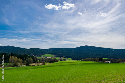 Landschaft im Bayerischen Wald mit Bäumen und Wiese und Wolken am Himmel