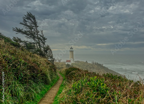 Willapa National Wildlife Refuge, Washington, USA - October 11, 2015: Path to reach the lighthouse of the natural park on a cloudy and stormy day