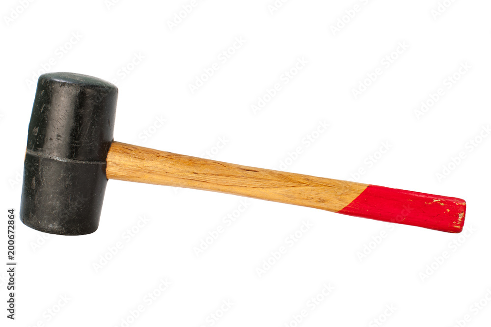 used black Rubber Mallet with red wooden handle isolated on white background used black Rubber Mallet with red wooden handle isolated on white background