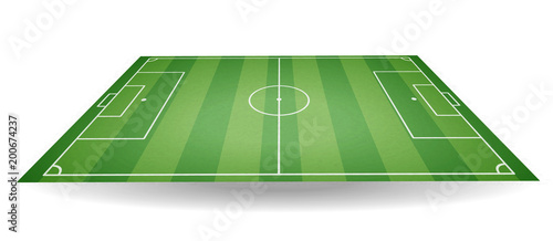 Top and side view of football field. Textured soccer field in perspective. Green playground background. Vector illustration.