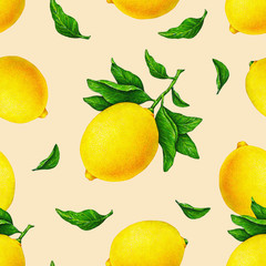 Papier peint photo Fruits aquarelle patrons Citrons jaunes branches fond orange  © MargaritaSh