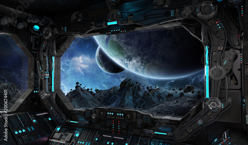 Fototapeta Naklejka Na Ścianę i Meble -  Spaceship grunge interior with view on exoplanet