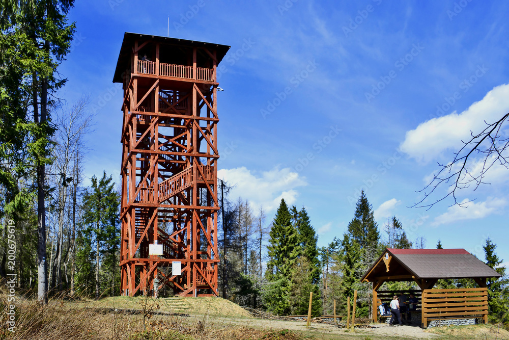 Observation wooden tower on the top of the Eliaszowka peak in Beskidy mountains, Poland