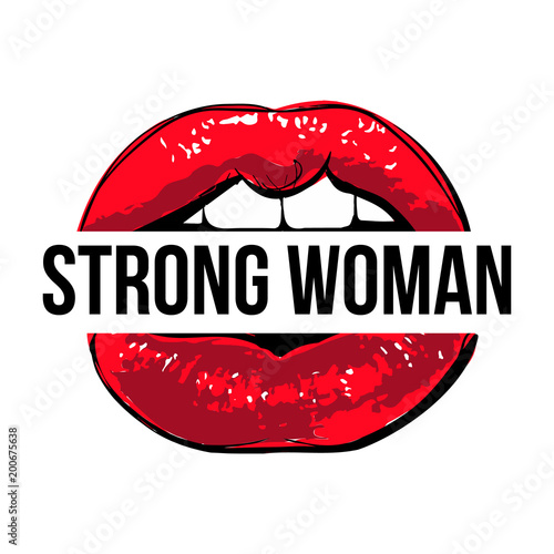 Vector red lips with Strong woman sign. Cool modern illustration in pop art style. Feminist glamour mouth. Feminist conceptual poster isolated on white background.