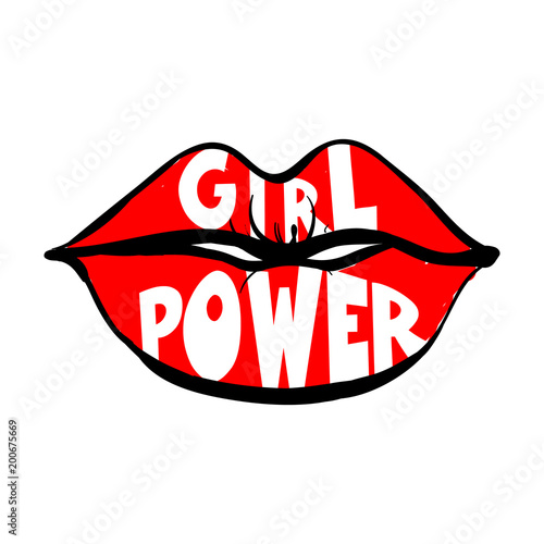 Vector calligraphy phrase Girl power on sexy red lips. Hand brush lettering, motivational and inspirational poster, banner, tshirt and prints design. Vintage typography card with text, red lips