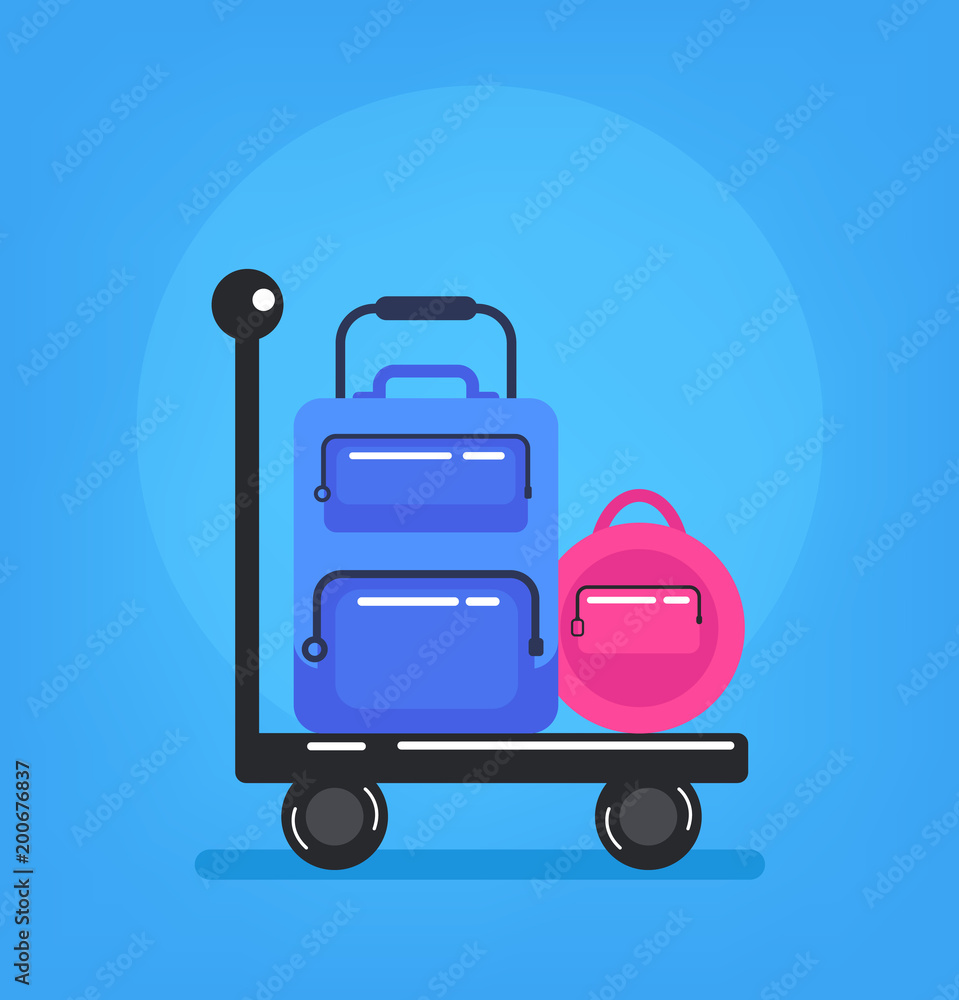 Luggage bag baggage trolley truck. Airport cargo delivery shipment service travel transportation concept. Vector flat graphic design isolated icon element illustration Luggage bag baggage trolley truck. Airport cargo delivery shipment service travel transportation concept. Vector flat graphic design isolated icon element illustration