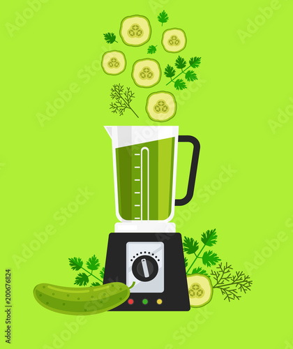 Electric blender mixer machine tool making detox diet juice with vegetable sliced cucumber parsley and dill. Healthy lifestyle morning energy breakfast nutrition concept. Vector flat graphic design