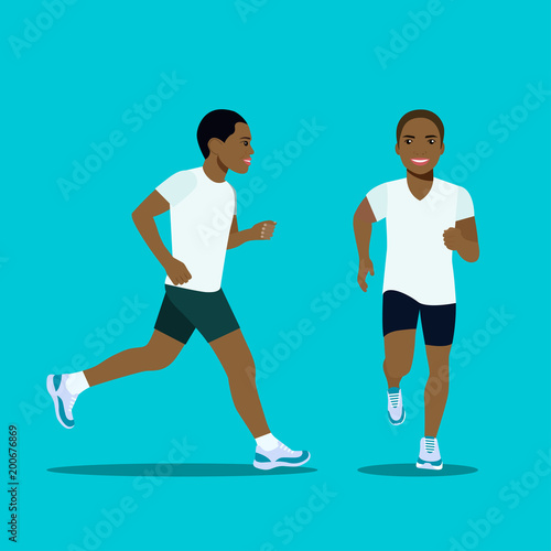 Running afro american man in profile, and the front position. Vector flat style illustration.