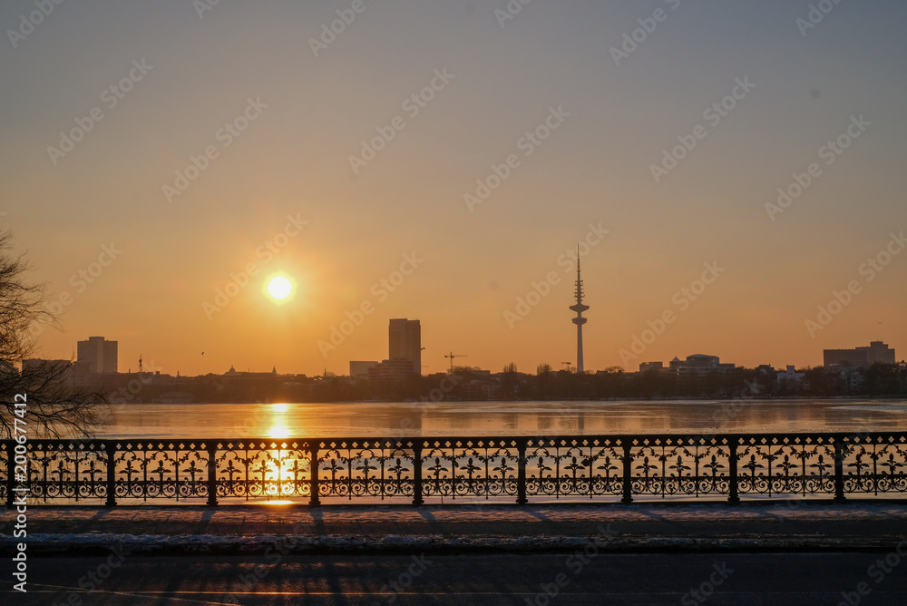 sunset on the coast in Hamburg, Germany, TV tower