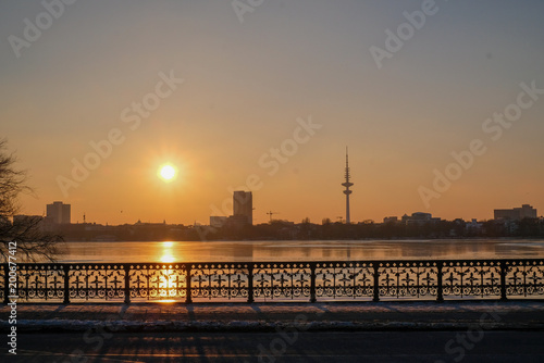sunset on the coast in Hamburg, Germany, TV tower © Lina