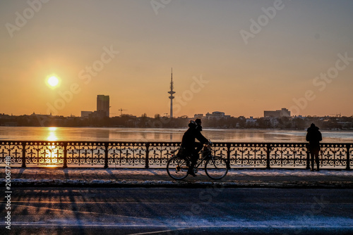 sunset on the coast in Hamburg, Germany, TV tower