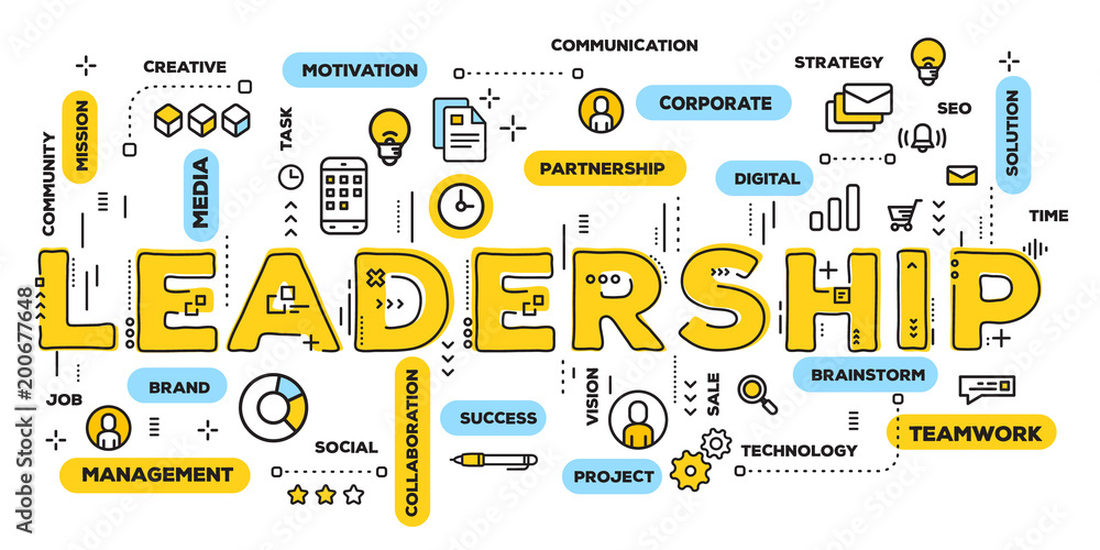 Vector creative illustration of leadership yellow word lettering typography  with line icons and tag cloud on white background. Business leadership  concept. Stock Vector | Adobe Stock