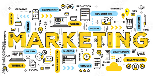 Vector creative illustration of marketing yellow word lettering typography with line icons and tag cloud on white background. Marketing  technology concept.