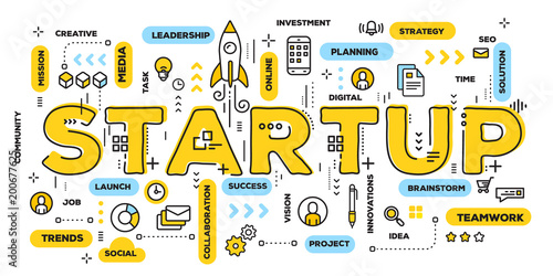 Vector creative illustration of business startup yellow word lettering typography with line icons and tag cloud on white background. Startup technology concept.