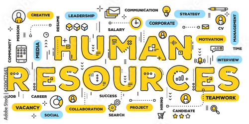 Vector creative illustration of human resources yellow word lettering typography with line icons and tag cloud on white background. Company human resources concept.