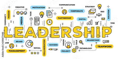Vector creative illustration of leadership yellow word lettering typography with line icons and tag cloud on white background. Business leadership concept.