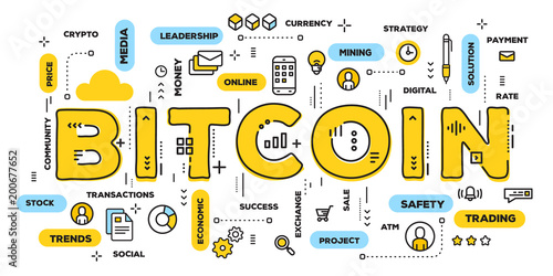 Vector creative illustration of bitcoin yellow word lettering typography with line icons and tag cloud on white background. Crypto currency concept.