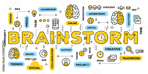 Vector creative illustration of brainstorm yellow word lettering typography with line icons and tag cloud on white background. Brainstorming concept.