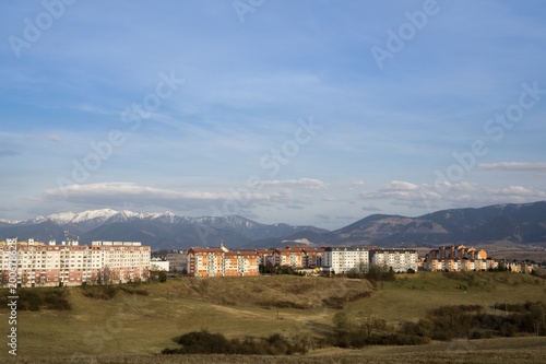 Sunrise and sunset over the buildings in the Zilina city. Slovakia