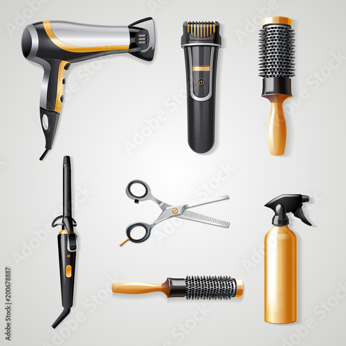 Set of hairdresser tools realistic 3d icons curling iron hairdryer and hair clipper vector illustration