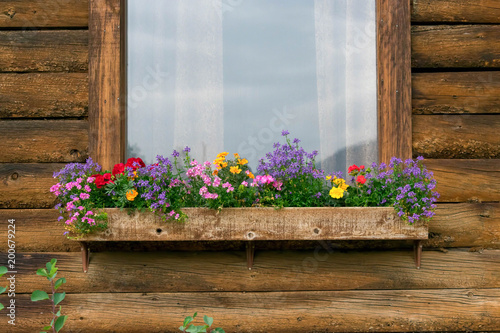 Rustic wood cabin with colorful flowers in the windowbox photo