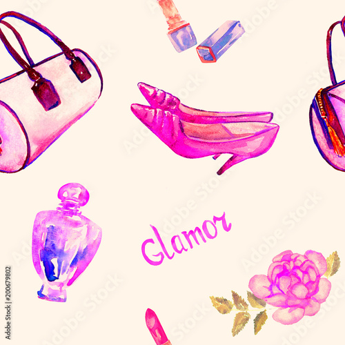 Glamor accessories, pink barrel type bag, lipstick, perfume, leather kitten heel shoes, pink rose, hand painted watercolor illustration with inscription on soft background seamless pattern design