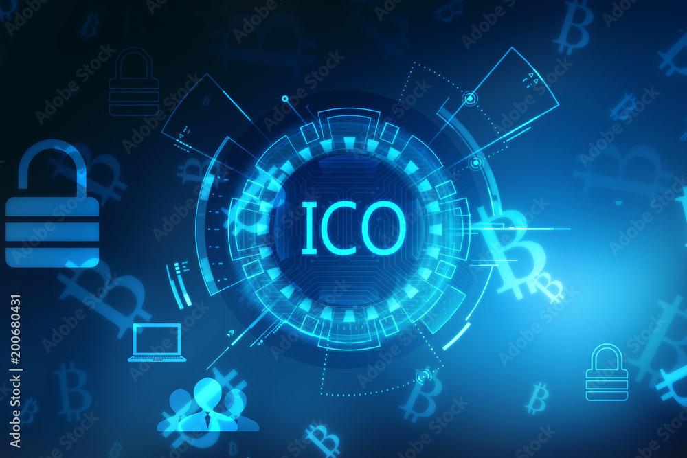 Abstract glowing digital currency button ICO initial coin offering on virtual digital electronic user interface. Investment concept. 3D Rendering