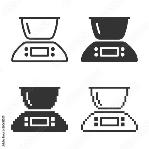 Monochromatic kitchen scales icon in different variants: line, solid, pixel, etc.