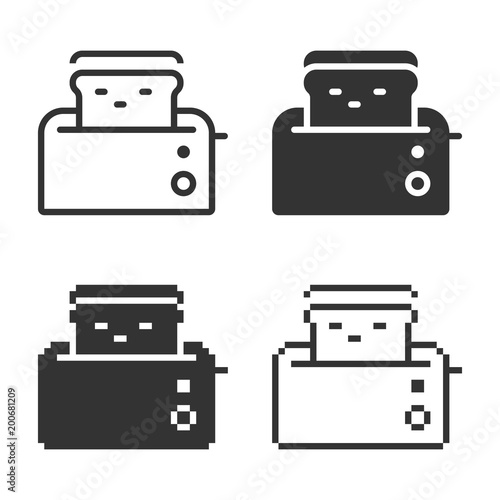 Monochromatic toaster icon in different variants: line, solid, pixel, etc.