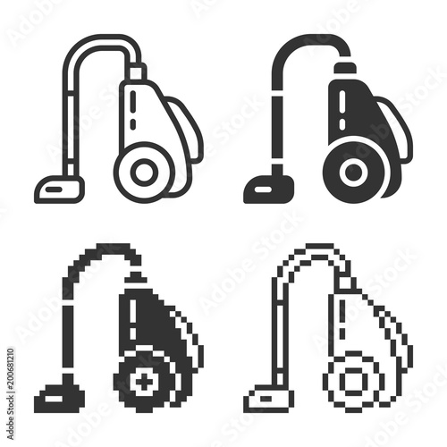 Monochromatic vacuum cleaner icon in different variants: line, solid, pixel, etc.