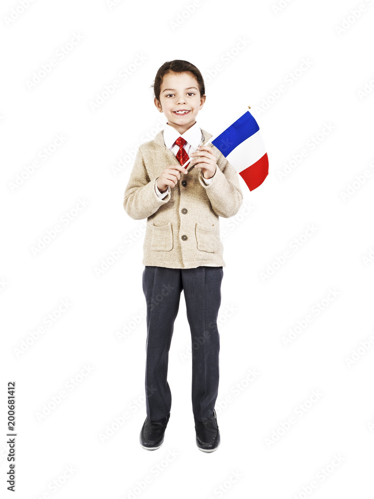A little boy with flag of France on the white background A little boy with flag of France on the white background