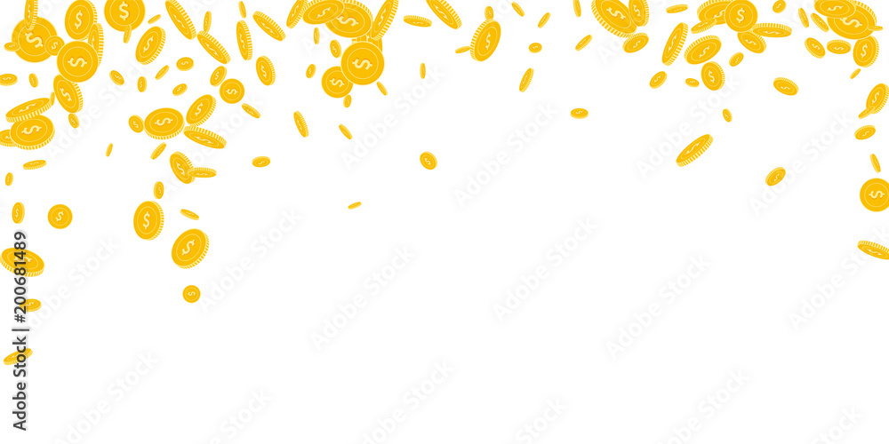 American dollar coins falling. Scattered disorderly USD coins on white background. Delicate falling rain vector illustration. Jackpot or success concept. American dollar coins falling. Scattered disorderly USD coins on white background. Delicate falling rain vector illustration. Jackpot or success concept.