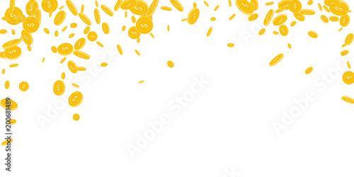 American dollar coins falling. Scattered disorderly USD coins on white background. Delicate falling rain vector illustration. Jackpot or success concept.
